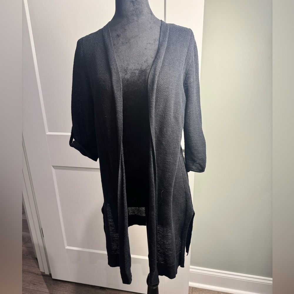 Talbots Black 100% Linen Roll Tab Sleeve Open Front Cardigan